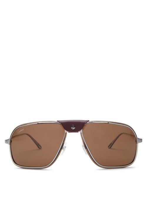 Matchesfashion.com Cartier Eyewear - Santos De Cartier Aviator Metal Sunglasses - Mens - Brown