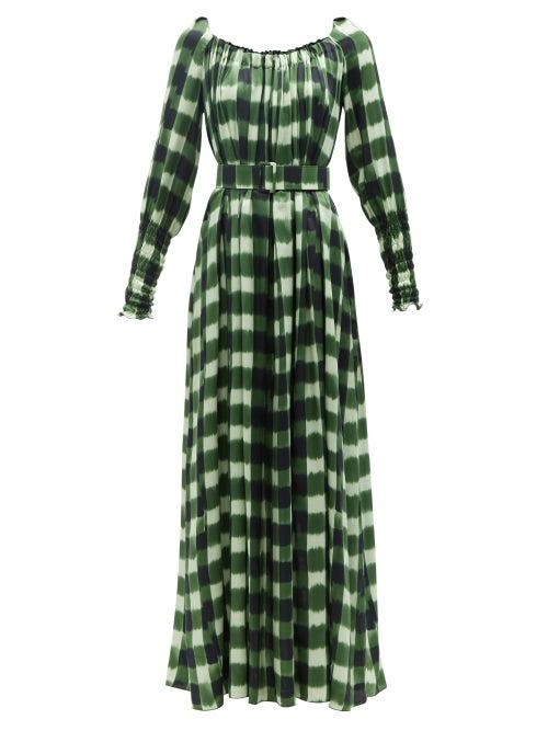 Ladies Rtw Marta Ferri - Noel Belted Gingham-satin Maxi Dress - Womens - Green
