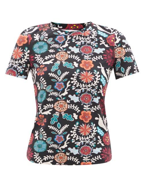 Ladies Activewear La Doublej - Fire Flower-print Performance-jersey T-shirt - Womens - Navy Print