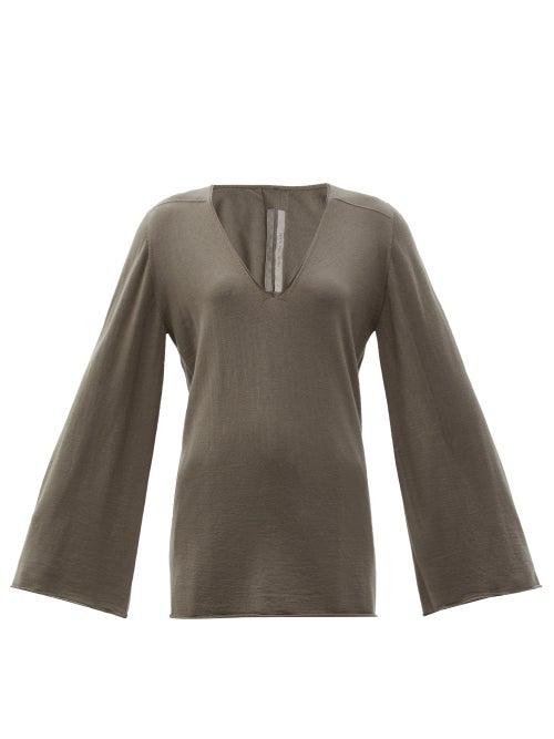 Matchesfashion.com Rick Owens - Flared-sleeve V-neck Wool Top - Womens - Grey