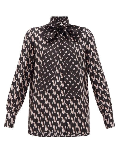 Matchesfashion.com Valentino - Tie-neck V-jacquard Silk Blouse - Womens - Black Print