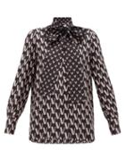 Matchesfashion.com Valentino - Tie-neck V-jacquard Silk Blouse - Womens - Black Print