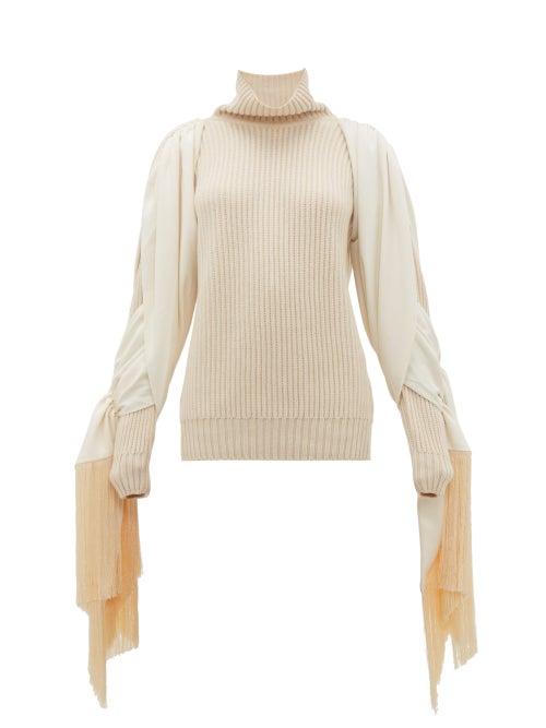 Matchesfashion.com Hillier Bartley - Fringed Sleeve Roll Neck Cashmere Sweater - Womens - Cream