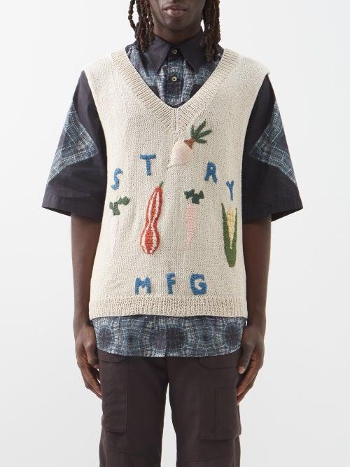 Story Mfg. - Party Vegetable-embroidered Organic-cotton Vest - Mens - White Multi