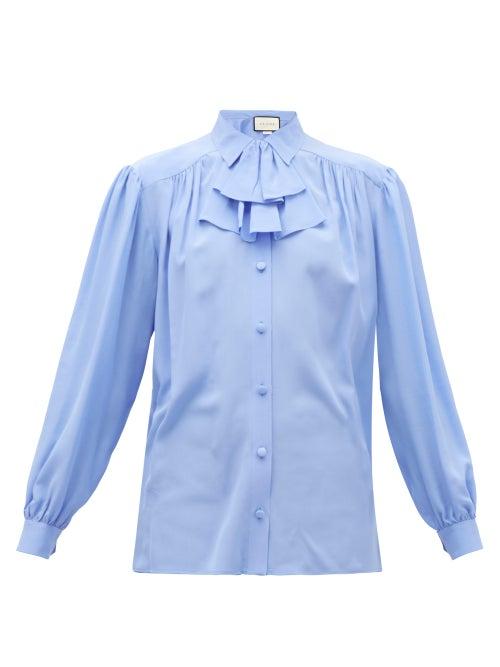 Matchesfashion.com Gucci - Detachable-ruffle Silk-crepe Blouse - Womens - Blue