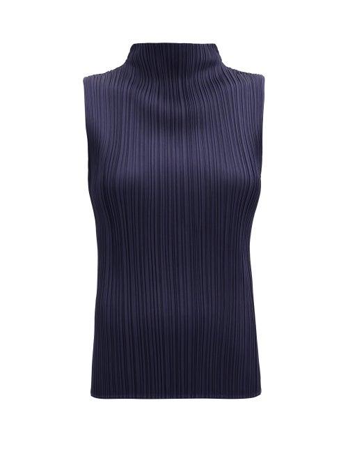 Matchesfashion.com Pleats Please Issey Miyake - Mock-neck Sleeveless Technical-pleated Top - Womens - Navy