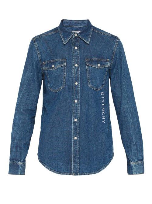 Matchesfashion.com Givenchy - Logo Embroidered Denim Shirt - Mens - Blue