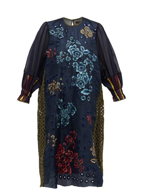 Matchesfashion.com Biyan - Andesta Floral-appliqu Embroidered Satin Dress - Womens - Navy Multi