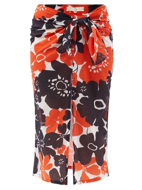 Matchesfashion.com Cala De La Cruz - Heather Peony-print Cotton-voile Sarong - Womens - Orange Print