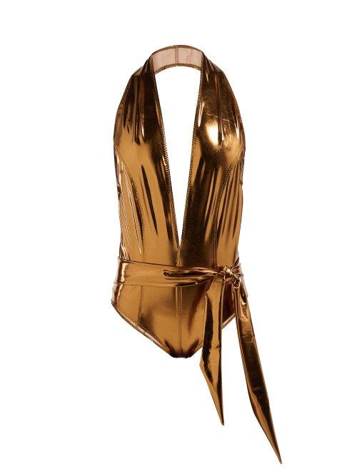 Matchesfashion.com Lisa Marie Fernandez - Riri Plunge Front Metallic Pvc Swimsuit - Womens - Bronze