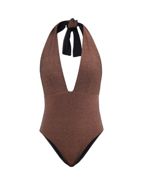 Sara Cristina - Thalassa Plunge-neck Halterneck Swimsuit - Womens - Brown