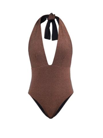 Sara Cristina - Thalassa Plunge-neck Halterneck Swimsuit - Womens - Brown