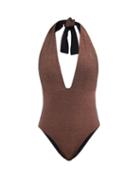 Sara Cristina - Thalassa Plunge-neck Halterneck Swimsuit - Womens - Brown
