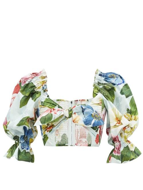 Matchesfashion.com Dolce & Gabbana - Tie-front Rose And Orchid-print Cotton Cropped Top - Womens - Blue Print