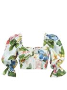 Matchesfashion.com Dolce & Gabbana - Tie-front Rose And Orchid-print Cotton Cropped Top - Womens - Blue Print