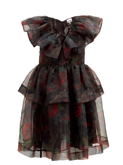Matchesfashion.com Ganni - Tiered Floral-print Organza Dress - Womens - Black Red