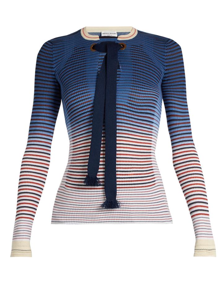 Sonia Rykiel Tie-neck Striped Ribbed-knit Sweater