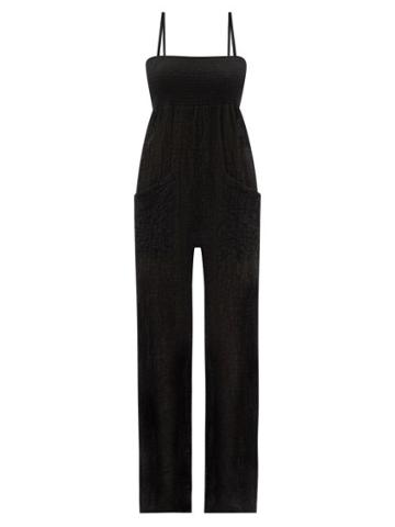 Ladies Beachwear Three Graces London - Tallie Shirred Cotton-blend Cloqu Jumpsuit - Womens - Black