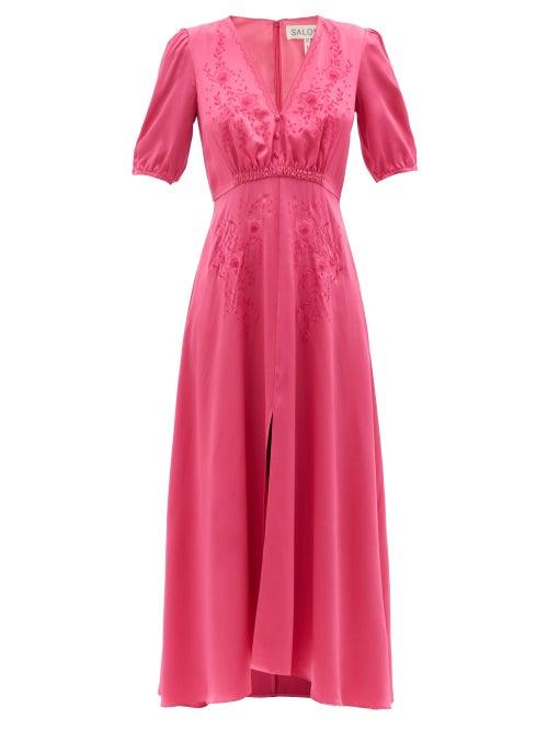 Ladies Rtw Saloni - Lea Floral-appliqu Silk-satin Midi Dress - Womens - Pink