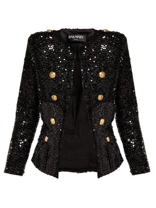 Matchesfashion.com Balmain - Double Breasted Sequinned Blazer - Womens - Black