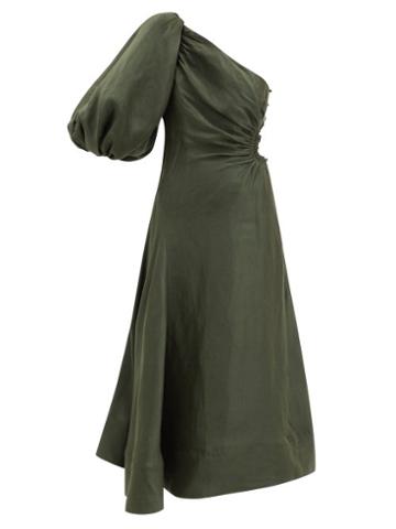Matchesfashion.com Aje - Concept One-shoulder Linen-blend Dress - Womens - Dark Green