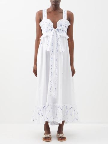 Thierry Colson - Valentina Floral-embroidered Ruffled Cotton Dress - Womens - White Blue