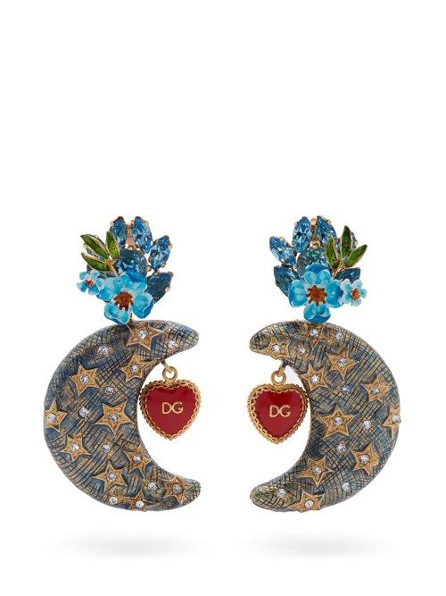 Matchesfashion.com Dolce & Gabbana - Crystal Embellished Moon Charm Clip On Earrings - Womens - Blue