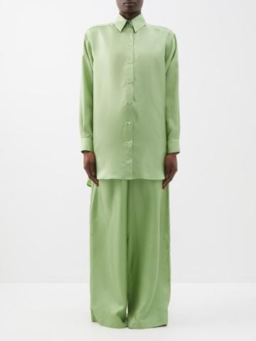 Olivia Von Halle - Wolfe Wide-leg Silk Pyjama Set - Womens - Light Green