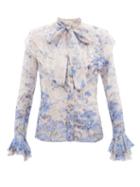 Matchesfashion.com Zimmermann - Luminous Pussy-bow Ruffled Cotton-blend Blouse - Womens - Blue Print