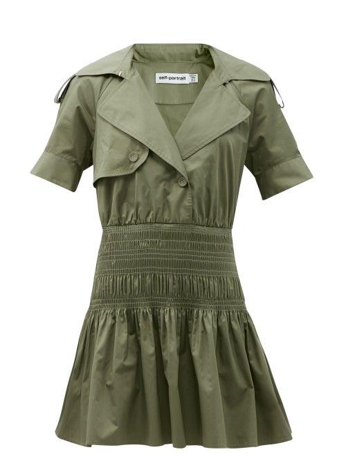 Matchesfashion.com Self-portrait - Smocked-waist Cotton Trench Mini Dress - Womens - Khaki