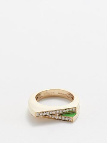 Rainbow K - Handcuff Diamond, Enamel & 14kt Gold Ring - Womens - Green Multi
