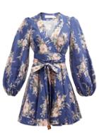 Zimmermann - Moonshine Floral-print Voile Mini Wrap Dress - Womens - Blue Print