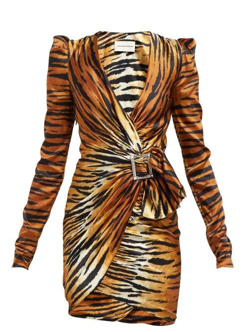 Matchesfashion.com Alexandre Vauthier - Tiger Print Crystal Buckle Silk Blend Mini Dress - Womens - Brown Print