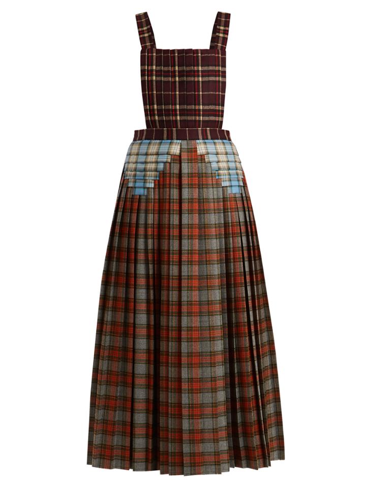 Marco De Vincenzo Square-neck Pleated Plaid Wool Midi Dress