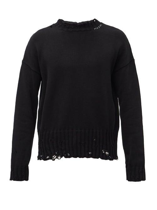 Mens Rtw Marni - Logo-embroidered Distressed Cotton Sweater - Mens - Black