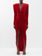 Alexandre Vauthier - V-neck Ruched Velvet Dress - Womens - Dark Red