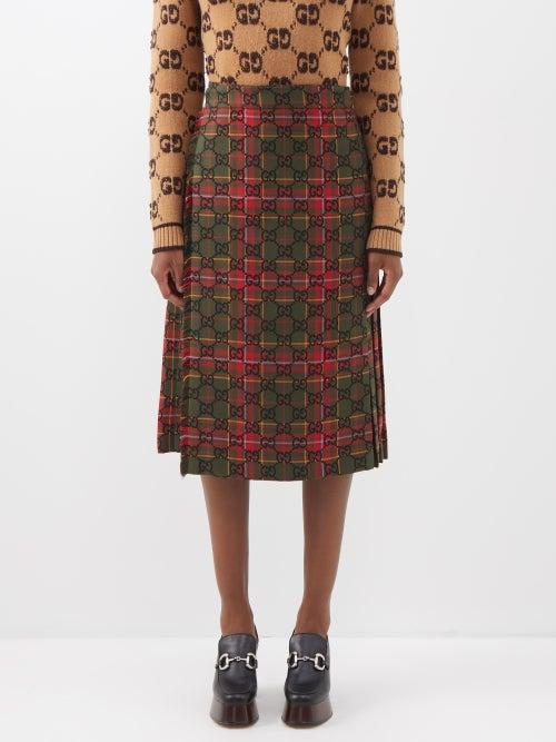 Gucci - Gg-embroidered Tartan Wool-blend Wrap Skirt - Womens - Green Red