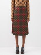 Gucci - Gg-embroidered Tartan Wool-blend Wrap Skirt - Womens - Green Red