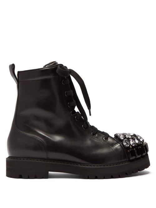 Matchesfashion.com Rochas - Crystal Embellished Leather Ankle Boots - Womens - Black
