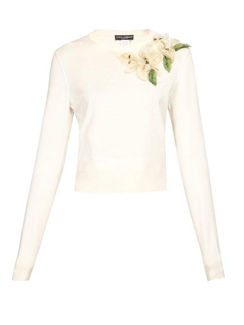 Matchesfashion.com Dolce & Gabbana - Floral Appliqu Sweater - Womens - Cream