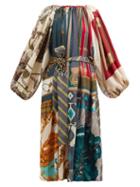 Ladies Rtw Rianna + Nina - Patchwork Gathered-neck Vintage-silk Dress - Womens - Multi