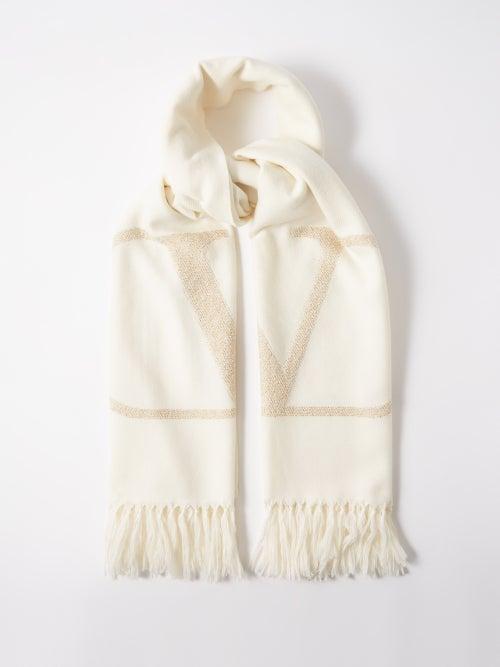 Valentino - V-logo Fringed Wool Scarf - Womens - Ivory Multi
