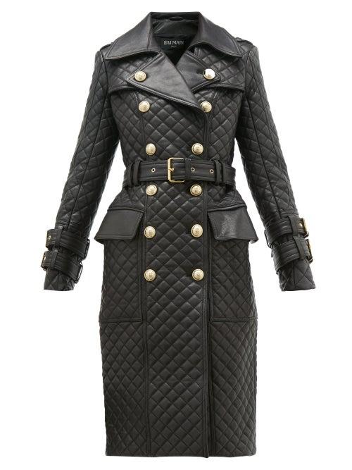 Matchesfashion.com Balmain - Double Breasted Quilted Leather Trench Coat - Womens - Black