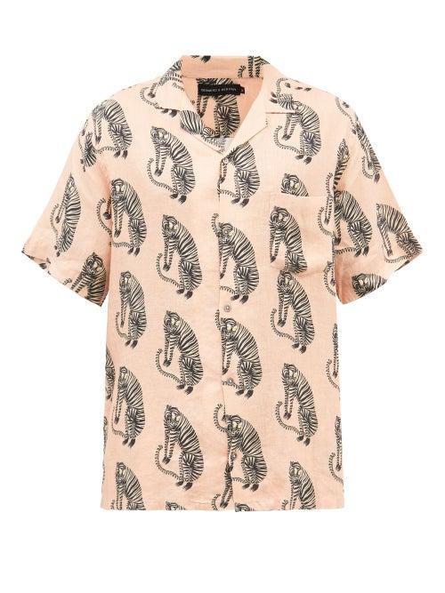 Desmond & Dempsey - Sansindo Tiger-print Linen Pyjama Shirt - Mens - Pink Multi
