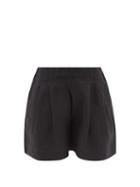 Ladies Lingerie Asceno - Zurich Pleated Organic-linen Shorts - Womens - Black
