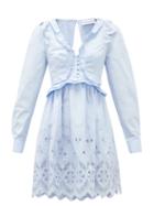 Matchesfashion.com Self-portrait - Ruffled V-neck Broderie-anglaise Cotton Mini Dress - Womens - Light Blue
