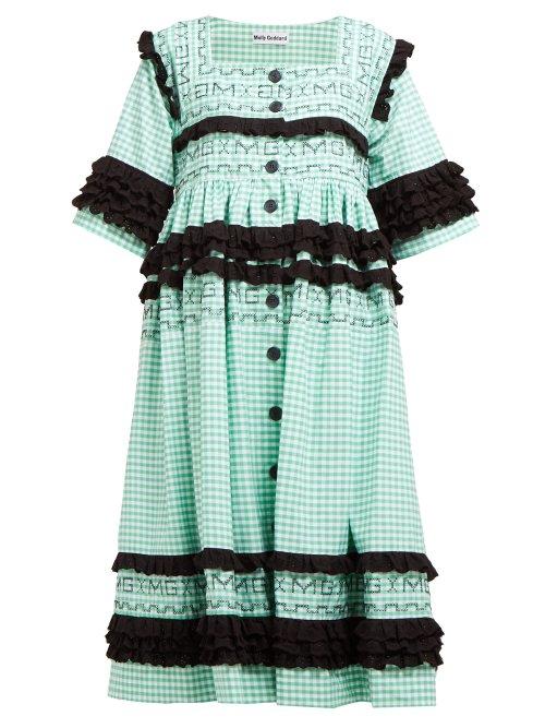 Matchesfashion.com Molly Goddard - Macy Ruffled Gingham Cotton Midi Dress - Womens - Green