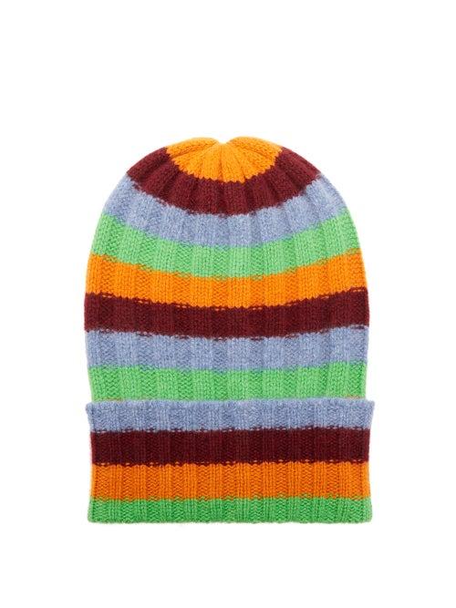 Ladies Accessories The Elder Statesman - Bunny Echo Striped Ribbed-cashmere Beanie Hat - Womens - Green Multi