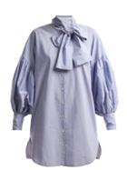 Matchesfashion.com Hillier Bartley - Tie Neck Pinstripe Cotton Shirtdress - Womens - Blue White