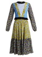 Msgm Floral-print Contrast-panel Long Silk Dress